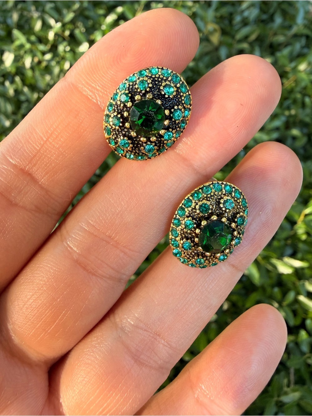 New! Emerald Green and Gold Crystal Stud Earrings - Picture 3 of 8